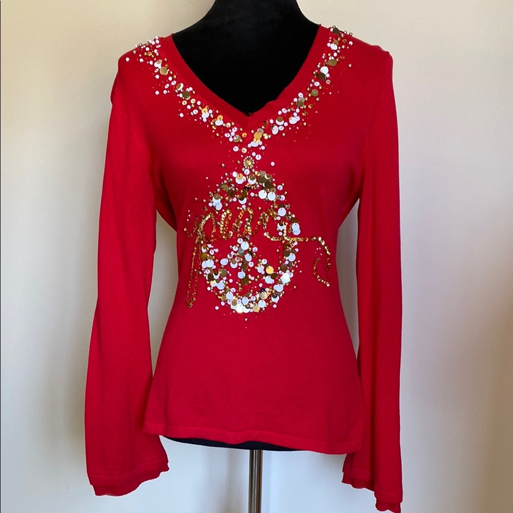 Boston Proper Red Embellished V-Neck Sweater